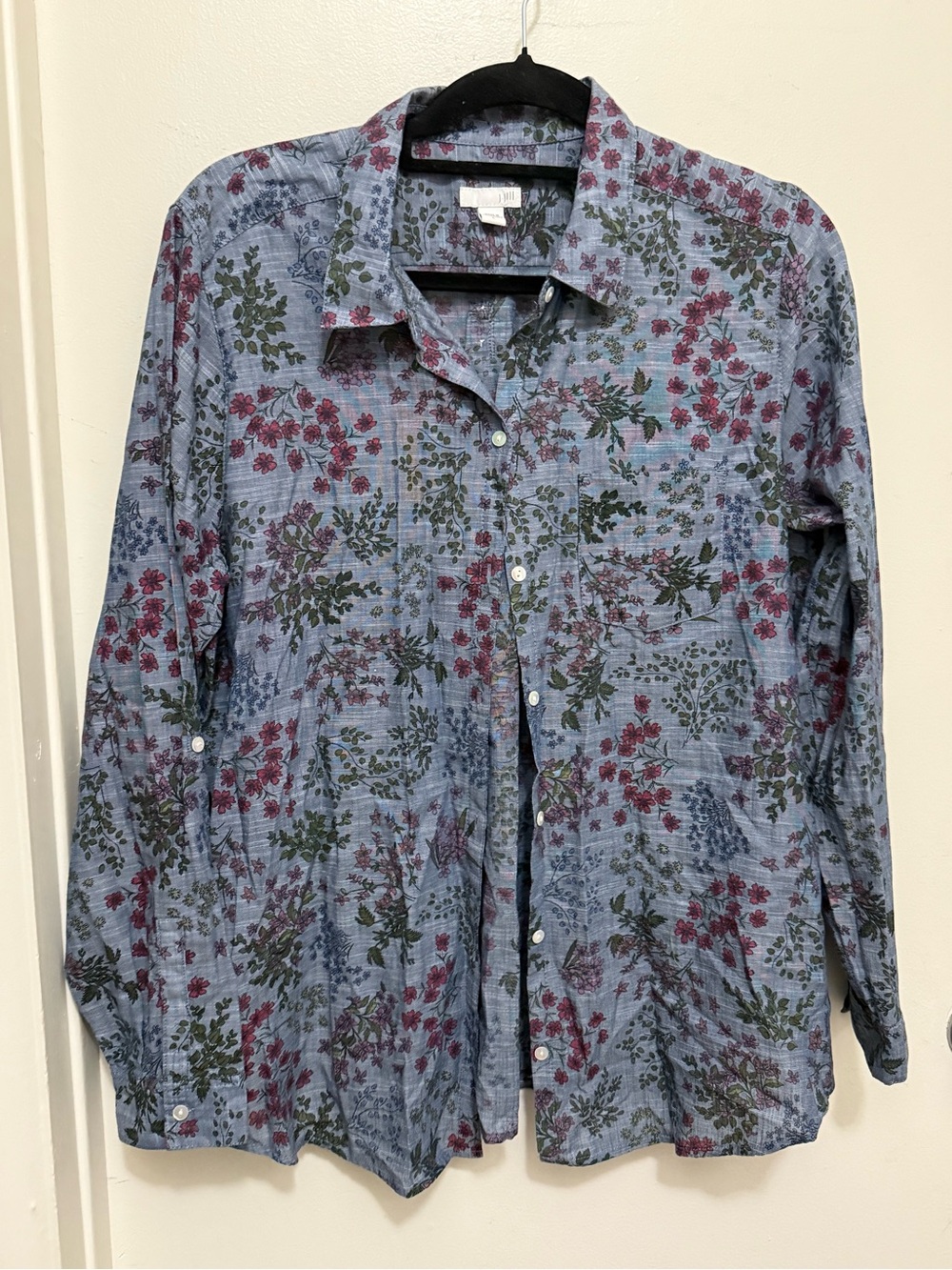 J Jill Women’s Denim colored Floral Button-Up Shirt